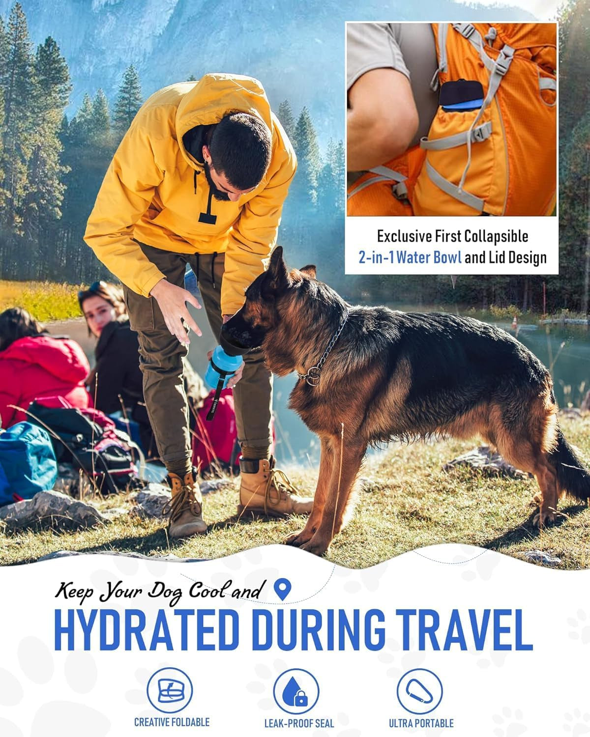 Dog Water Bottle, Portable Water Dispenser with Bowl, Leak Proof Pet Travel Squeeze Bottle, Puppy Essentials Dog Stuff Accessories for Outdoor Walking, Hiking, Camping