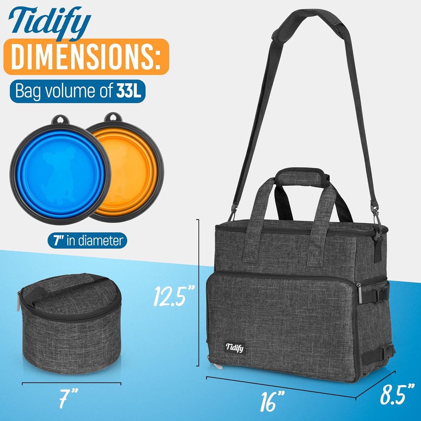 Dog Travel Bag Airline Approved Pet Travel Set for Dog and Cat Tote Organizer with Multi Function Pockets, 2 Food Containers and Collapsible Bowls, Weekend Away Dog Bag for Travel Accessories